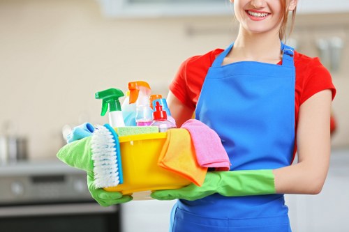 Cleaner preparing a booked service with tools and checklist